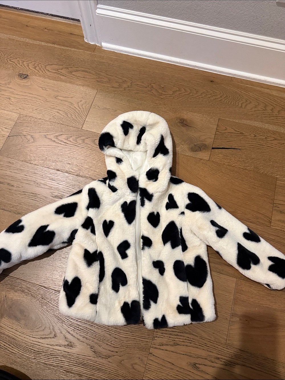 Mayoral White Faux-Fur Hooded Jacket with Black Heart Print